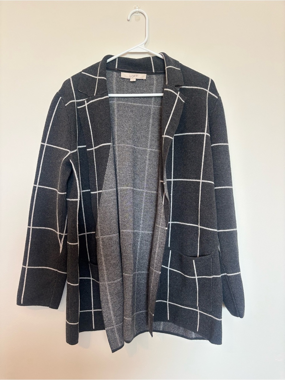 LOFT Black and White Grid Open-Front Cardigan